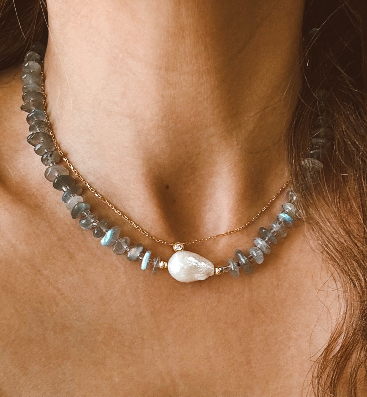 Labradorite & baroque pearl necklace - 18k plated  image 0